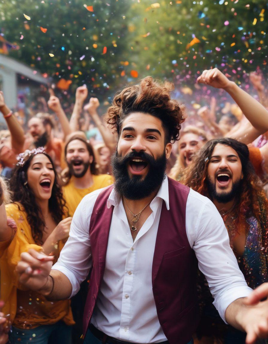 A vibrant, whimsical scene showcasing a diverse community of people celebrating their unique hairstyles and body hair; include colorful hairstyles, beards, mustaches, plus lush, flowing body hair of different textures. People laughing, dancing, and exchanging compliments in a festive outdoor setting with confetti in the air. super-realistic, vibrant colors.