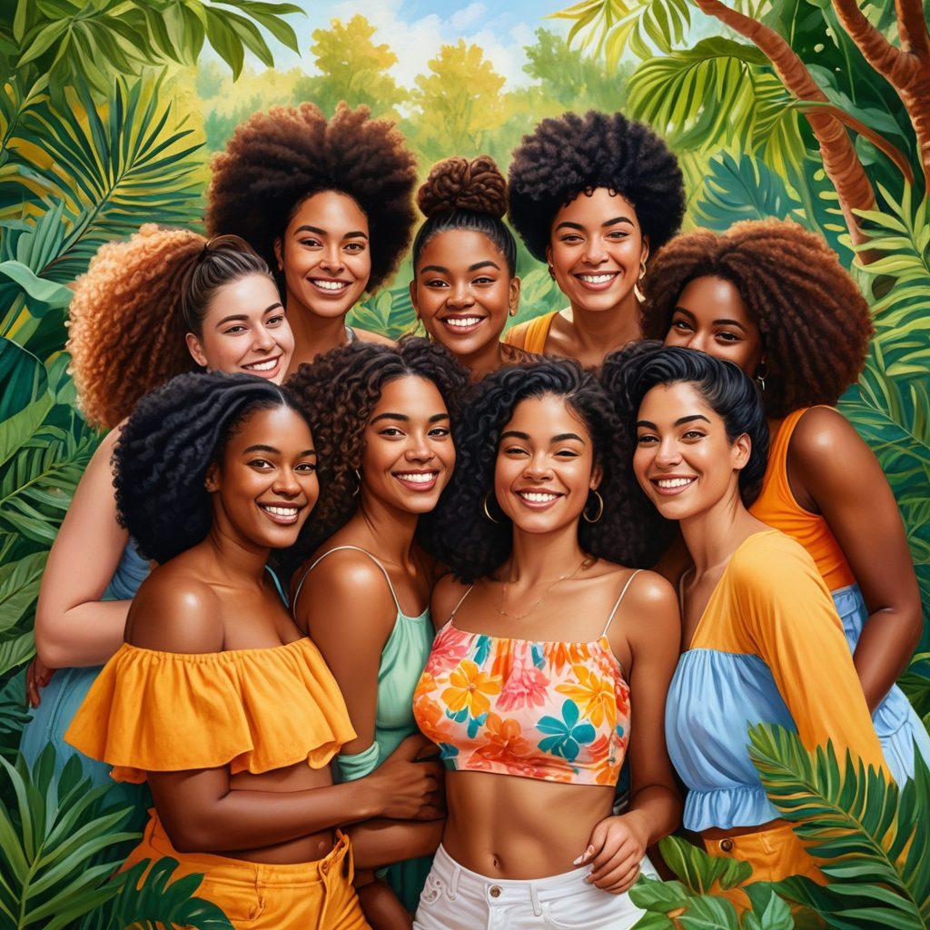 A diverse group of women celebrating their natural body hair, smiling and supporting each other in a serene setting surrounded by nature. Illustrate different styles of body hair grooming to show individuality and confidence. Emphasize unity, acceptance, and the beauty of body diversity. painting. vibrant colors.