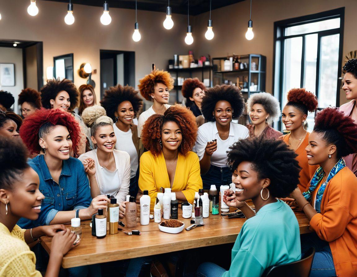 A vibrant, dynamic scene featuring diverse individuals with various unique hairstyles and colors, from natural curls and waves to bold, creative designs. They are joyfully sharing hair care tips and styling secrets in a cozy, stylish community space adorned with hair products, mirrors, and colorful decor. Include a sense of unity and creativity. super-realistic. vibrant colors.